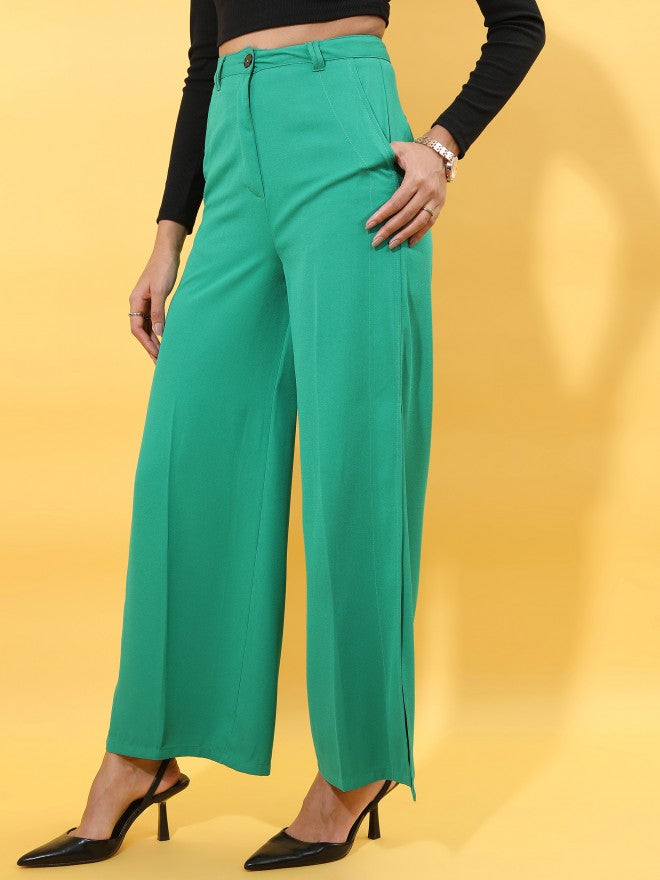 Tokyo Talkies Women Green Flared Trousers - Green - Image 4