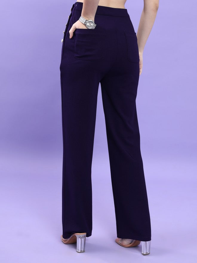 Tokyo Talkies Women Navy Blue Solid Flared Casual Trouser - Navy Blue - Image 3