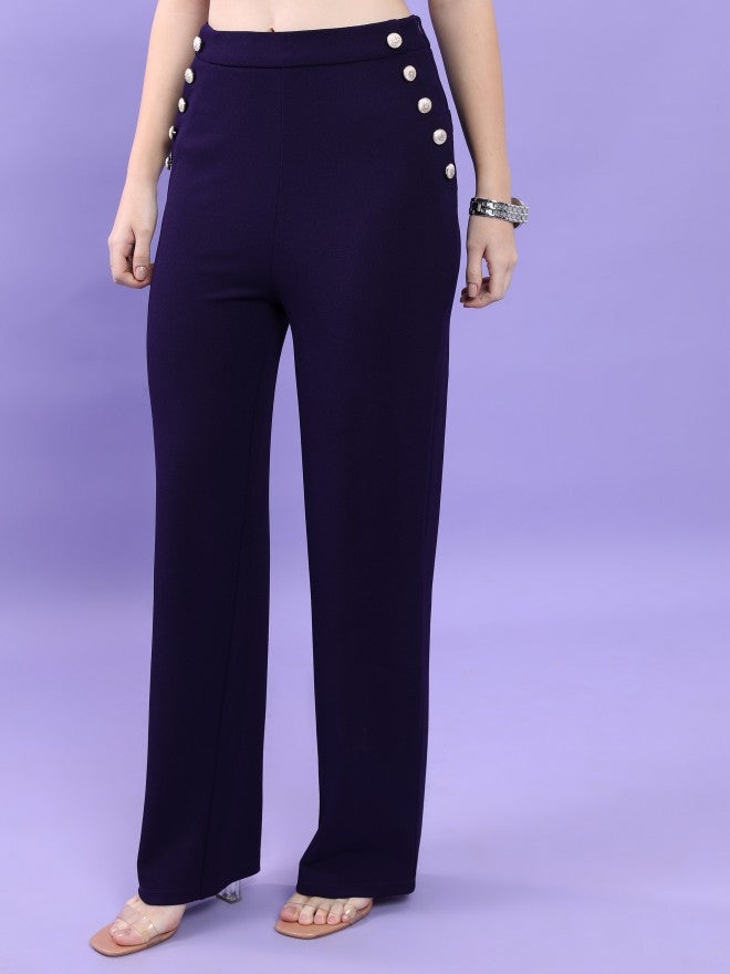 Tokyo Talkies Women Navy Blue Solid Flared Casual Trouser - Navy Blue - Image 4