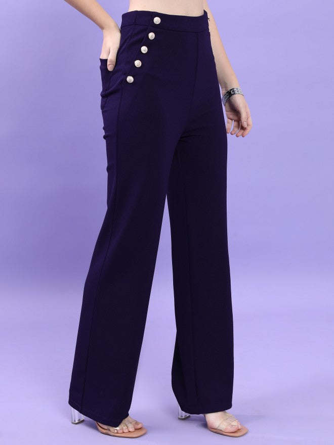 Tokyo Talkies Women Navy Blue Solid Flared Casual Trouser - Navy Blue - Image 6
