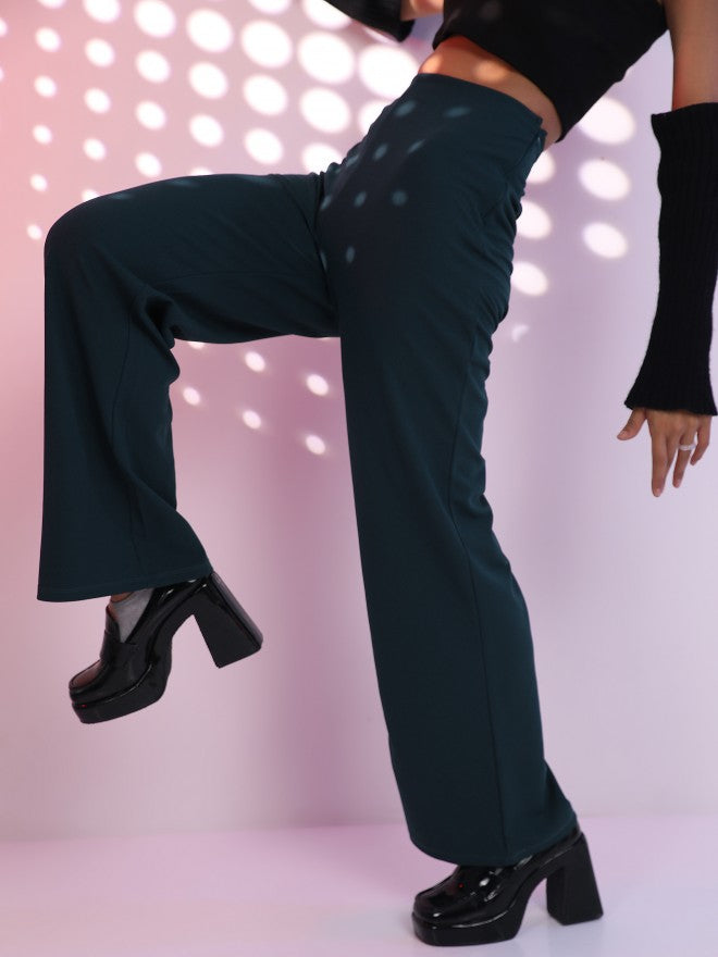 Tokyo Talkies Women Teal Solid Wide Leg Casual Trouser - Teal - Image 1