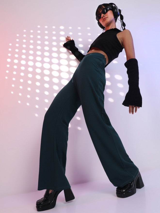 Tokyo Talkies Women Teal Solid Wide Leg Casual Trouser - Teal - Image 2
