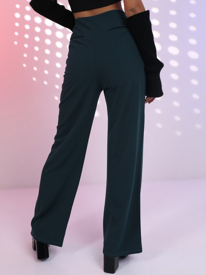 Tokyo Talkies Women Teal Solid Wide Leg Casual Trouser - Teal - Image 3