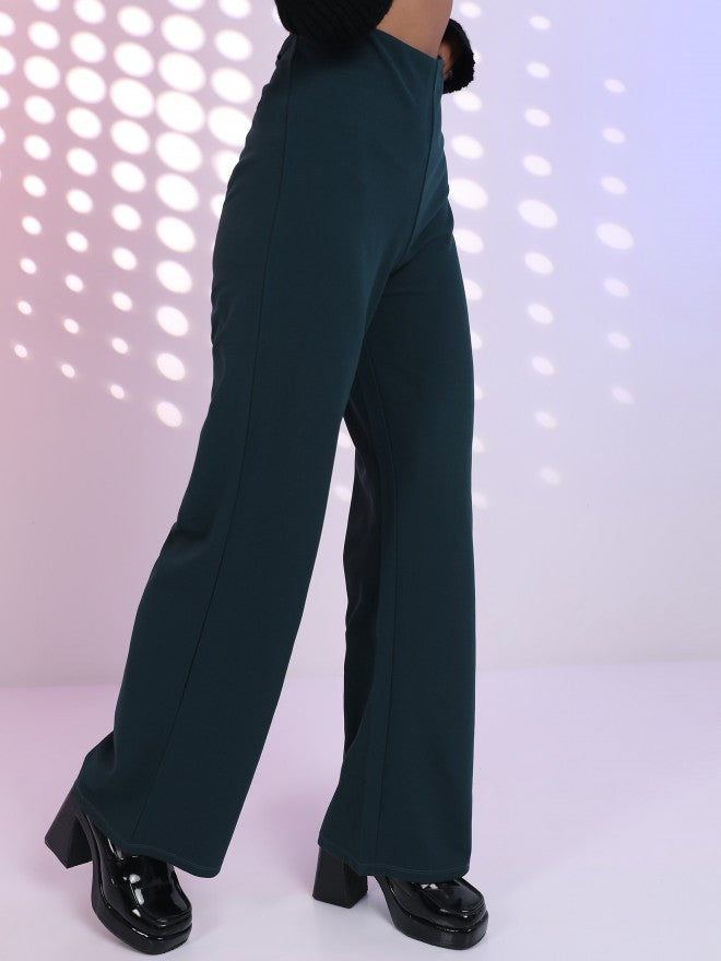 Tokyo Talkies Women Teal Solid Wide Leg Casual Trouser - Teal - Image 4