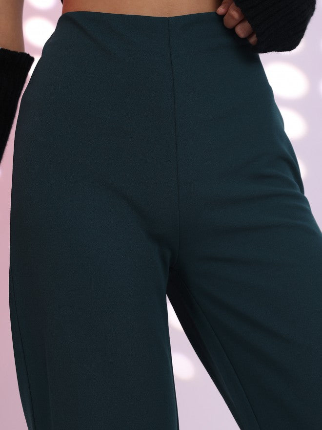 Tokyo Talkies Women Teal Solid Wide Leg Casual Trouser - Teal - Image 5
