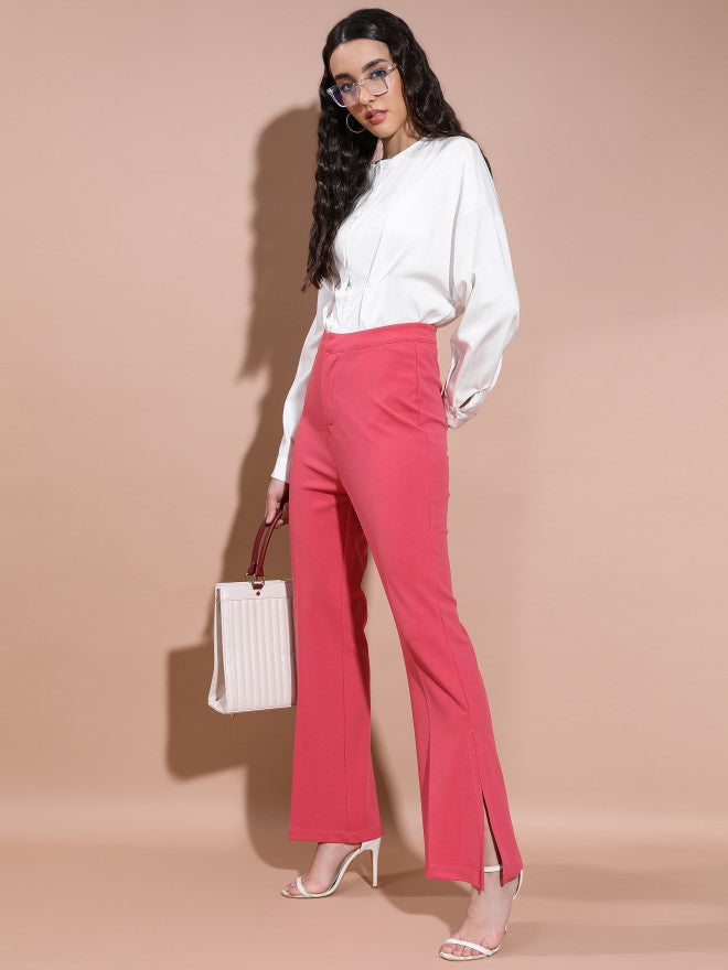 Tokyo Talkies Women Coral Flared Solid Casual Trousers - Coral - Image 2