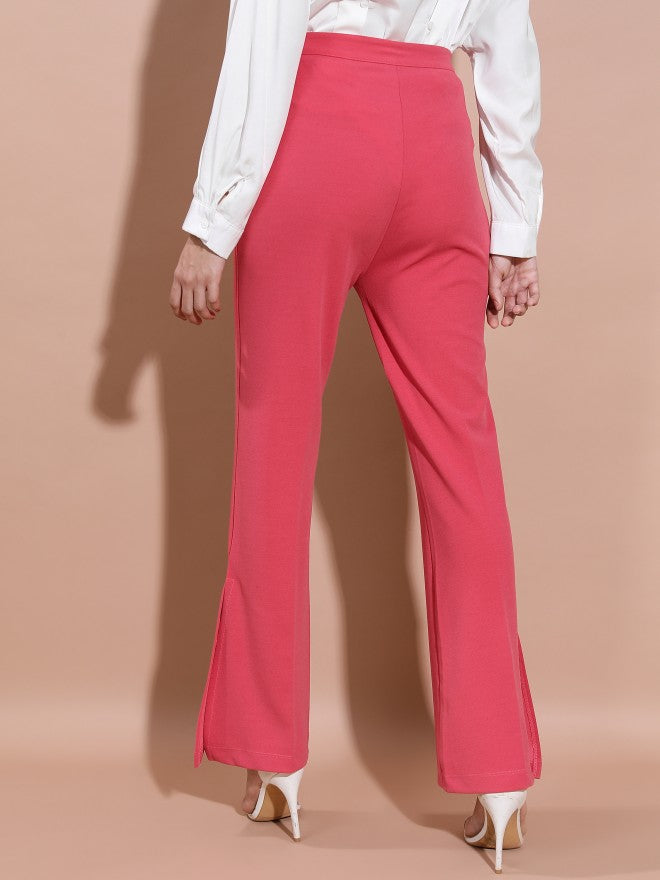 Tokyo Talkies Women Coral Flared Solid Casual Trousers - Coral - Image 3