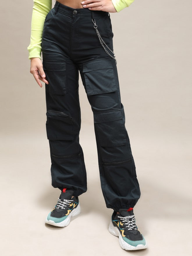 Tokyo Talkies Women Black Solid Regular Fit Cargos - Black - Image 4