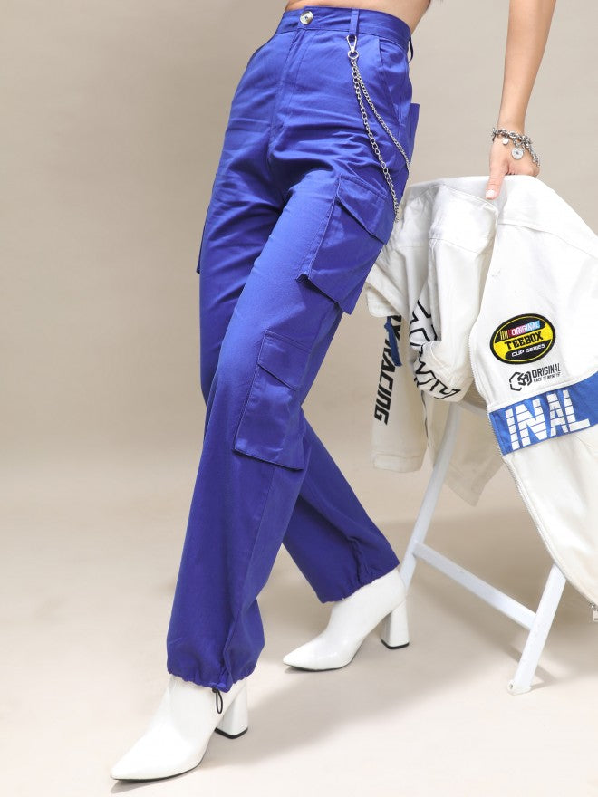 Tokyo Talkies Women Blue Solid Regular Fit Cargos - Blue - Image 1