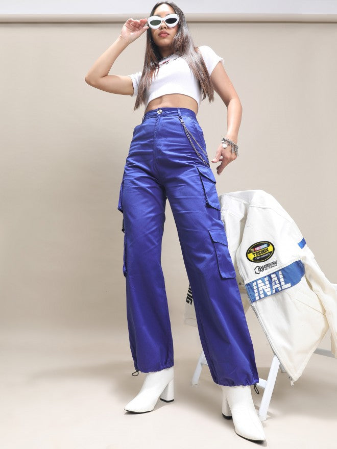 Tokyo Talkies Women Blue Solid Regular Fit Cargos - Blue - Image 2