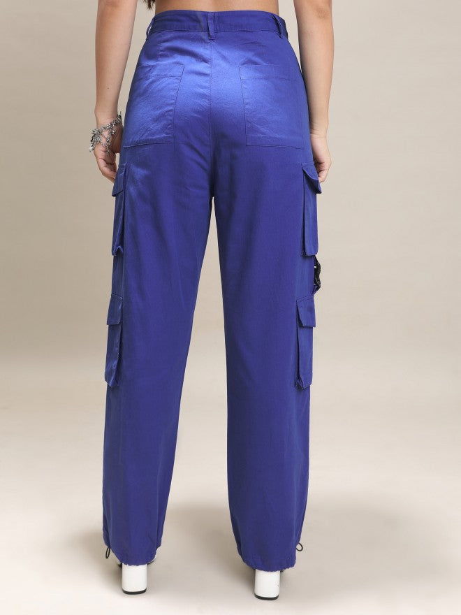 Tokyo Talkies Women Blue Solid Regular Fit Cargos - Blue - Image 3