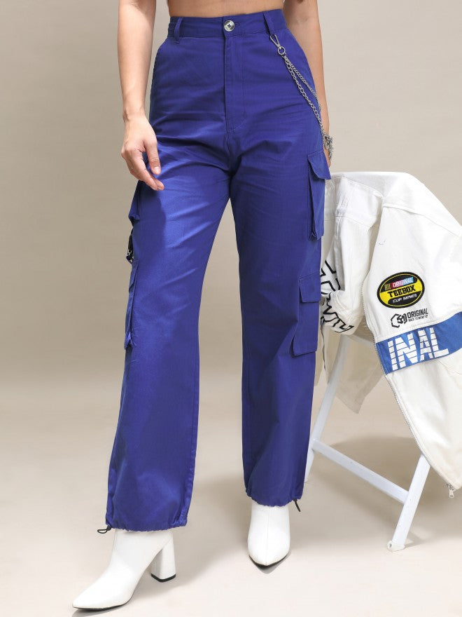 Tokyo Talkies Women Blue Solid Regular Fit Cargos - Blue - Image 4