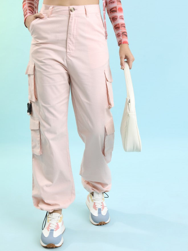 Tokyo Talkies Women Pink Solid Regular Fit Cargos - Pink - Image 1