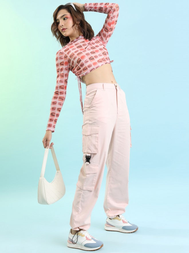Tokyo Talkies Women Pink Solid Regular Fit Cargos - Pink - Image 2