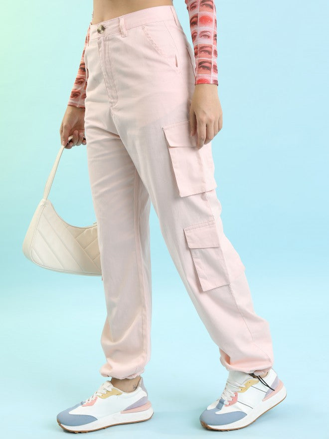Tokyo Talkies Women Pink Solid Regular Fit Cargos - Pink - Image 4