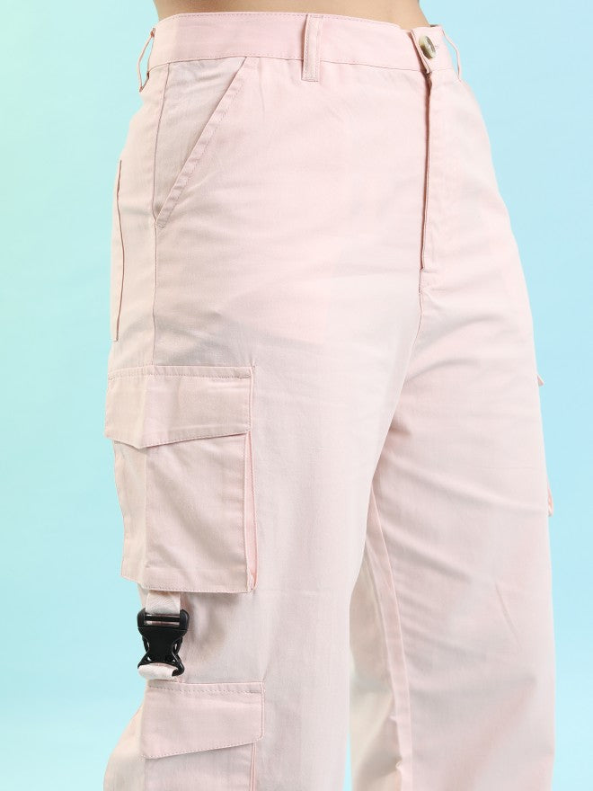Tokyo Talkies Women Pink Solid Regular Fit Cargos - Pink - Image 5