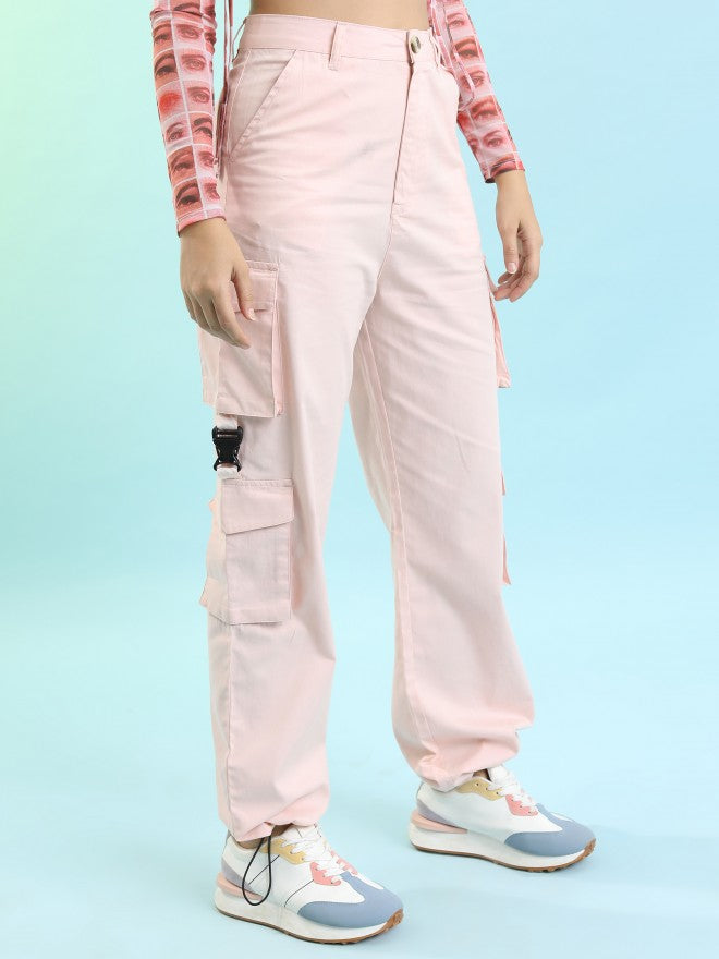 Tokyo Talkies Women Pink Solid Regular Fit Cargos - Pink - Image 6