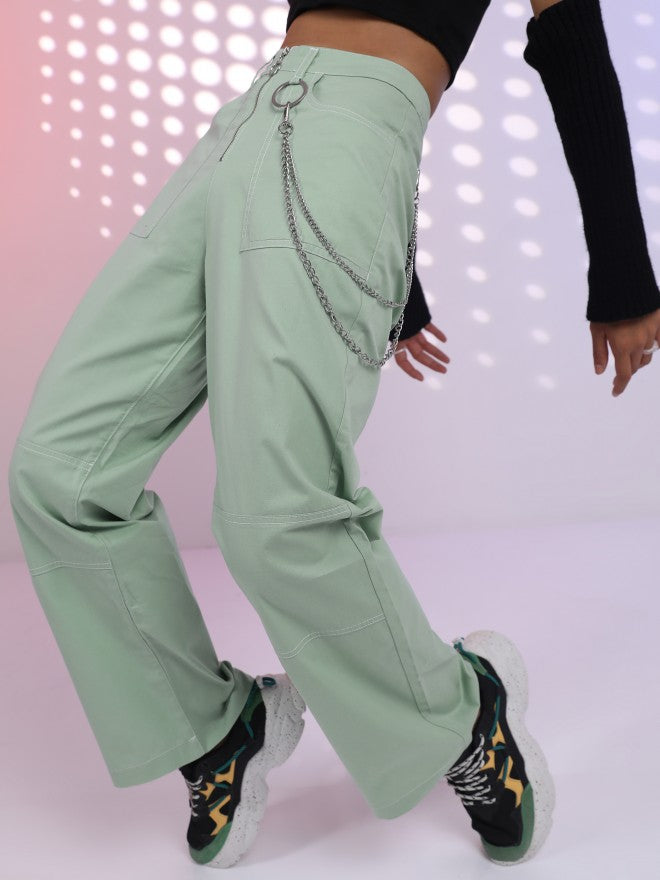 Tokyo Talkies Women Green Solid Loose Fit Casual Trouser - Green - Image 1