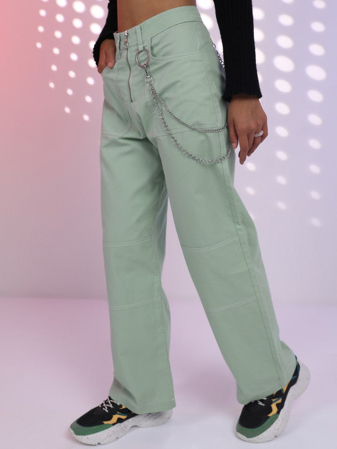 Tokyo Talkies Women Green Solid Loose Fit Casual Trouser - Green - Image 4