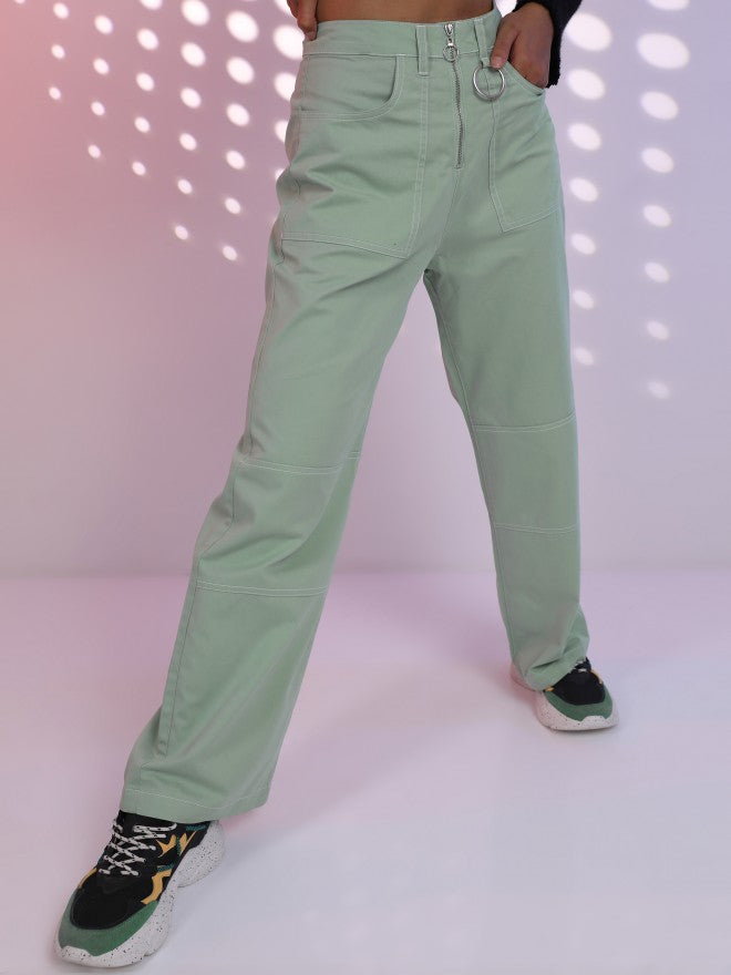 Tokyo Talkies Women Green Solid Loose Fit Casual Trouser - Green - Image 6