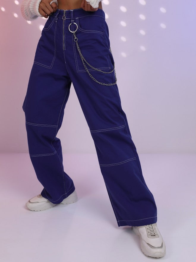 Tokyo Talkies Women Blue Loose Fit Printed Casual Trousers - Blue - Image 4