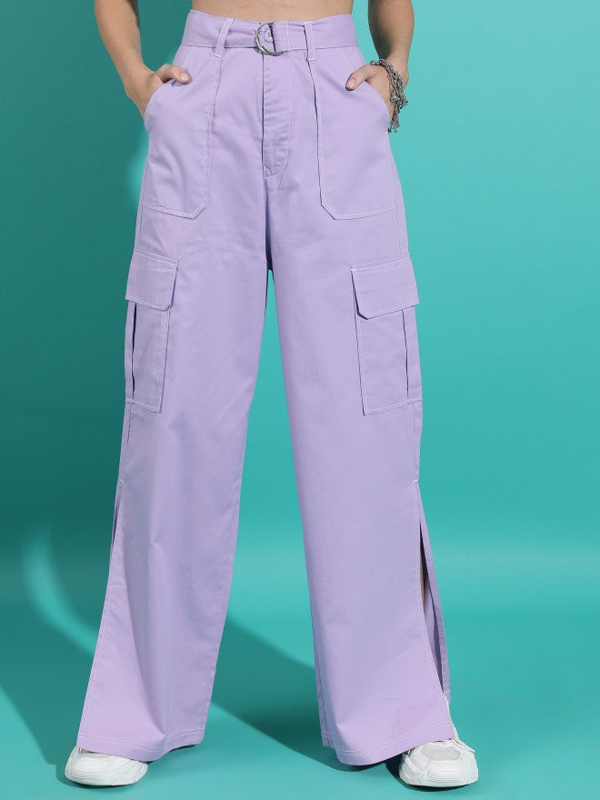 Tokyo Talkies Women Purple Solid Flared Cargos - Purple - Image 1