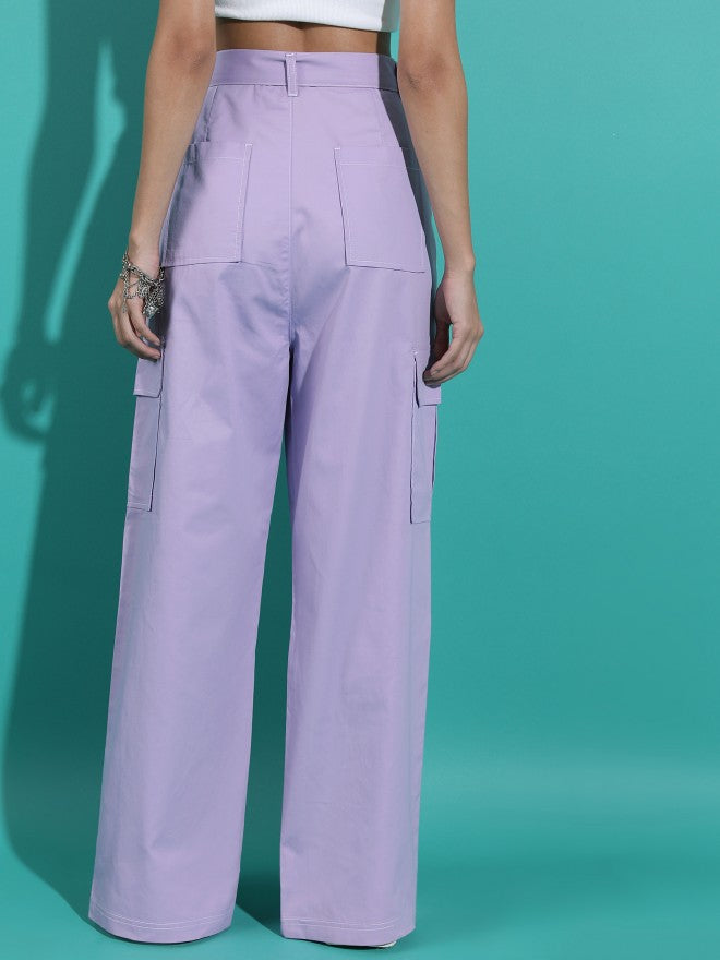 Tokyo Talkies Women Purple Solid Flared Cargos - Purple - Image 3