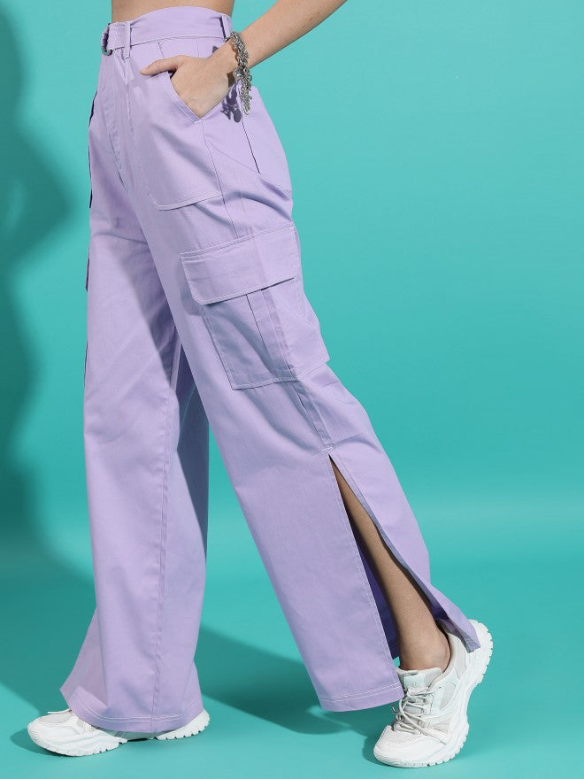 Tokyo Talkies Women Purple Solid Flared Cargos - Purple - Image 4