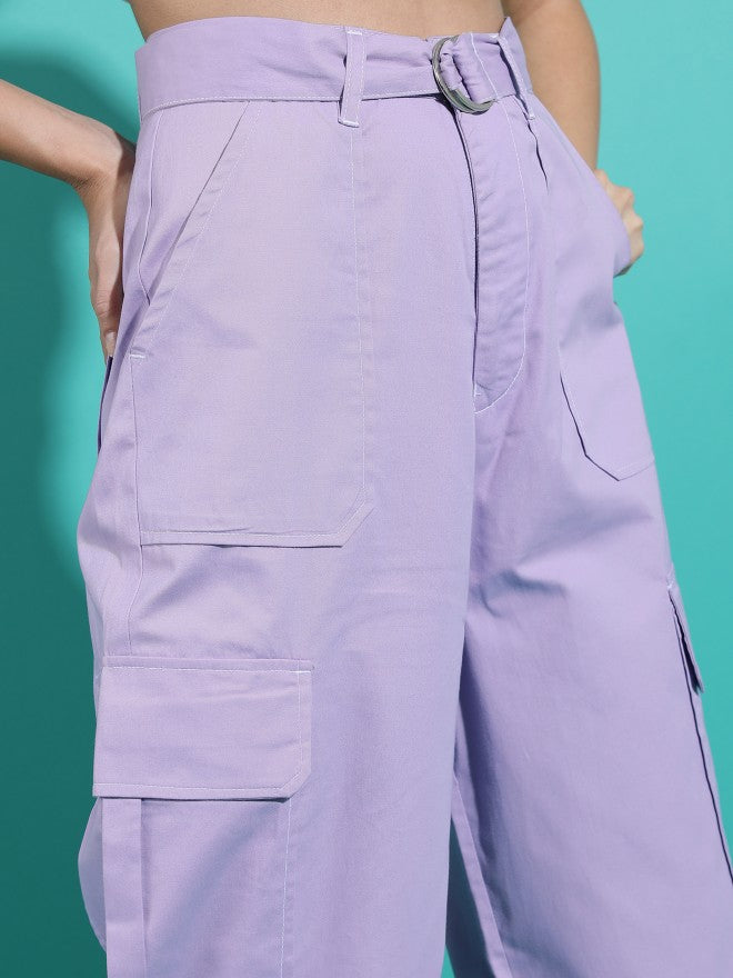 Tokyo Talkies Women Purple Solid Flared Cargos - Purple - Image 5