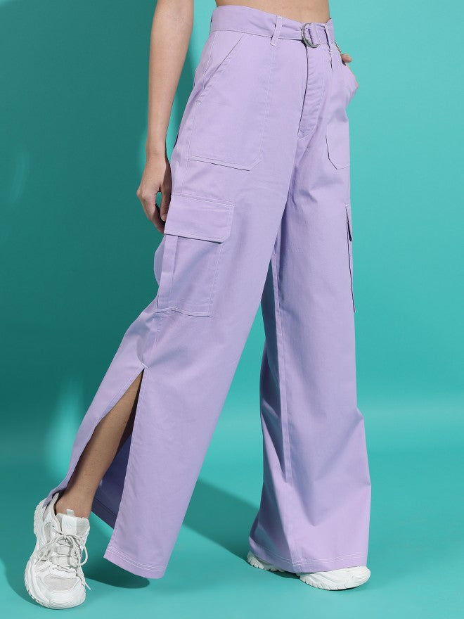 Tokyo Talkies Women Purple Solid Flared Cargos - Purple - Image 6
