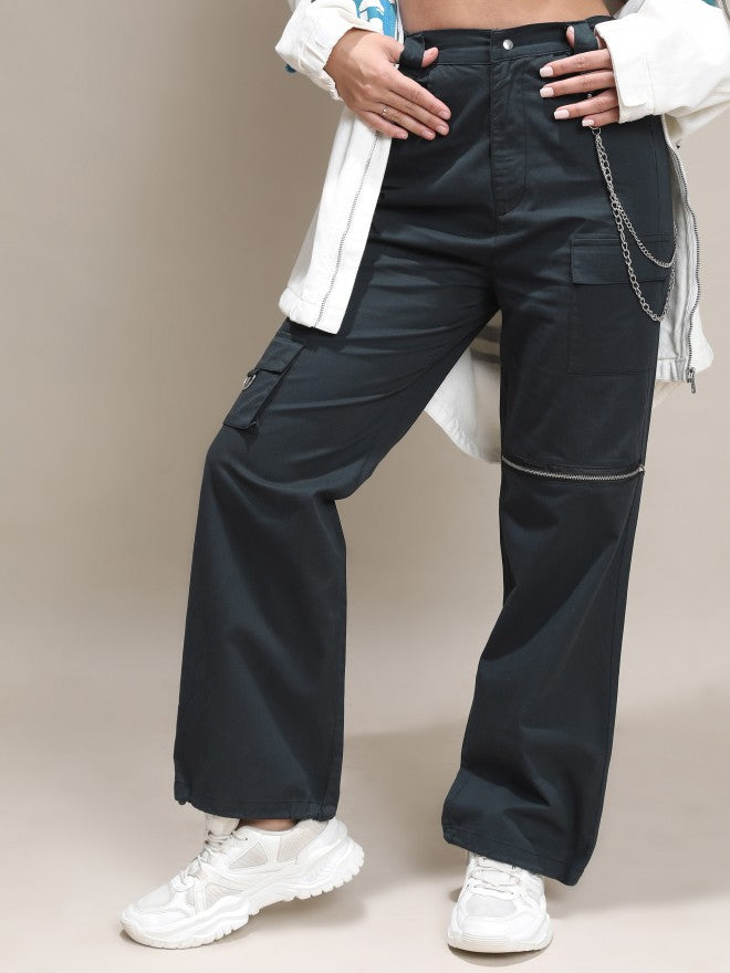 Tokyo Talkies Women Black Solid Regular Fit Cargos - Black - Image 1