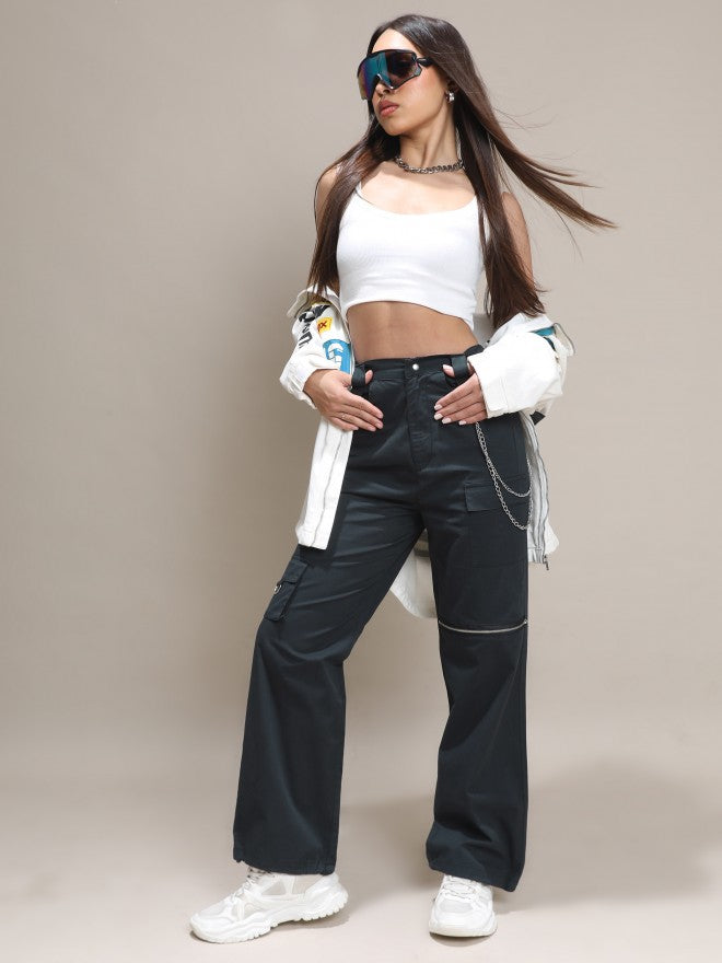 Tokyo Talkies Women Black Solid Regular Fit Cargos - Black - Image 2