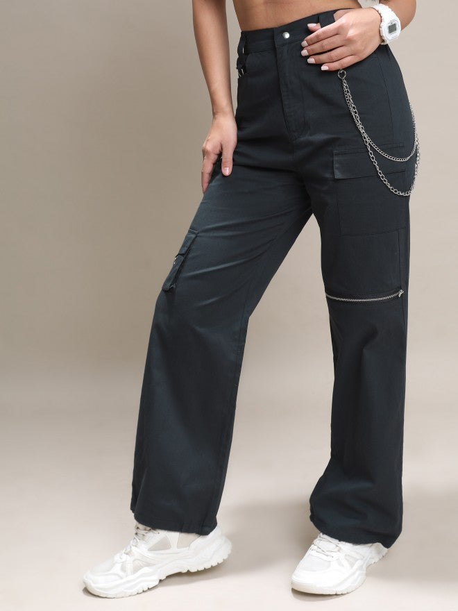 Tokyo Talkies Women Black Solid Regular Fit Cargos - Black - Image 4