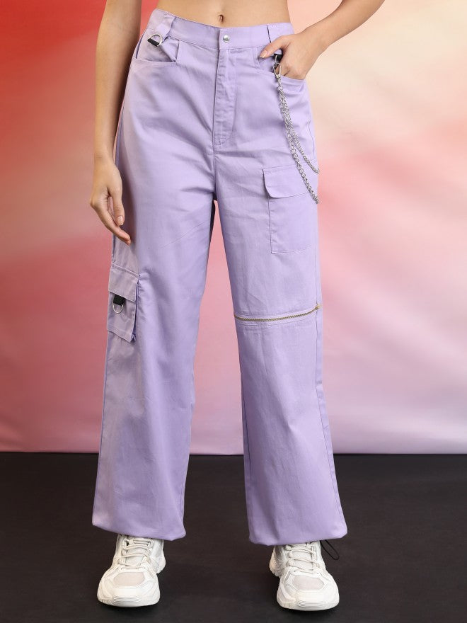 Tokyo Talkies Women Purple Solid Regular Fit Cargos - Purple - Image 1