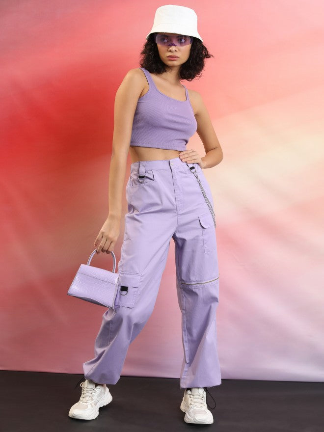 Tokyo Talkies Women Purple Solid Regular Fit Cargos - Purple - Image 2