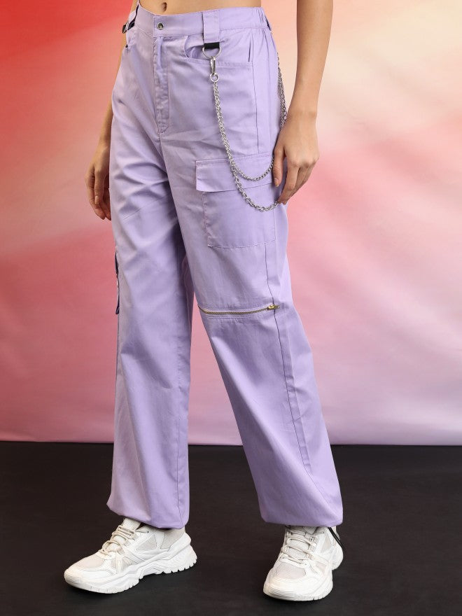 Tokyo Talkies Women Purple Solid Regular Fit Cargos - Purple - Image 4
