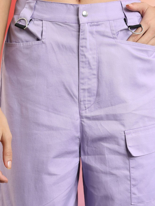 Tokyo Talkies Women Purple Solid Regular Fit Cargos - Purple - Image 5