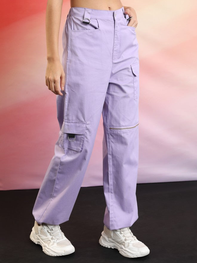 Tokyo Talkies Women Purple Solid Regular Fit Cargos - Purple - Image 6