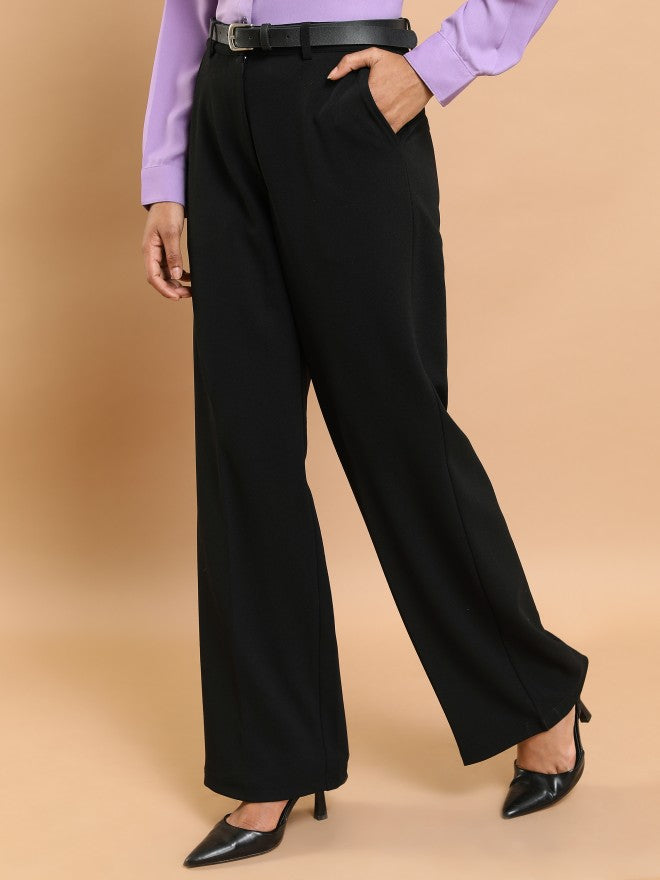 Tokyo Talkies Women Black Solid Flared Casual Trouser - Black - Image 4