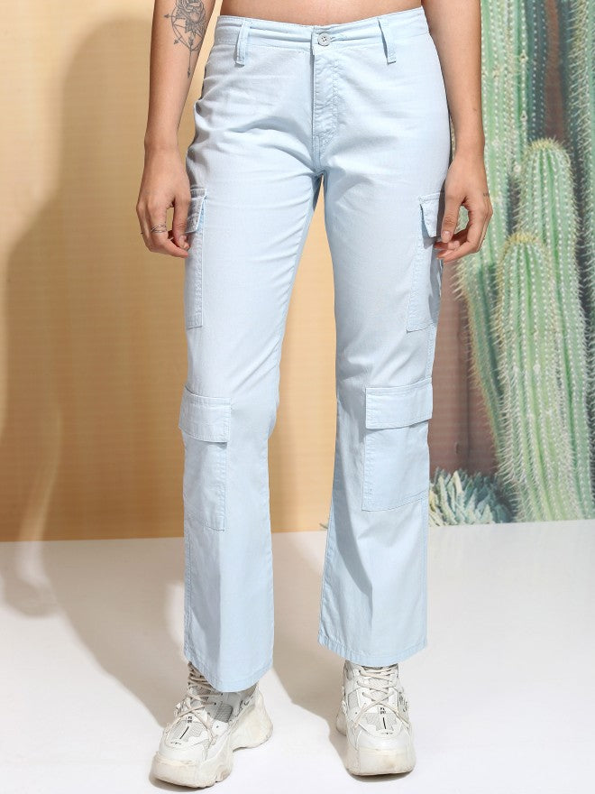 Tokyo Talkies Women Blue Solid Straight Fit Cargos - Blue - Image 1