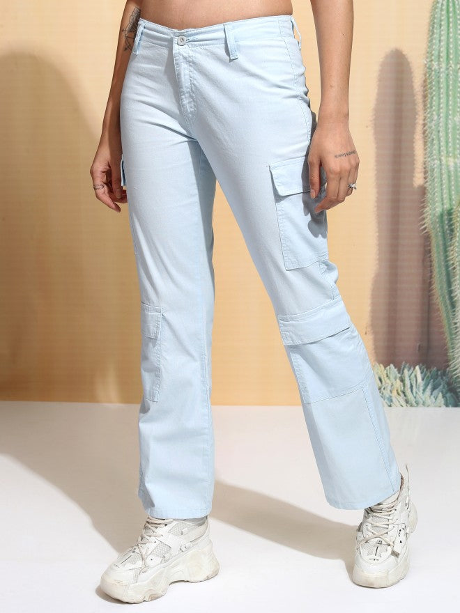 Tokyo Talkies Women Blue Solid Straight Fit Cargos - Blue - Image 4