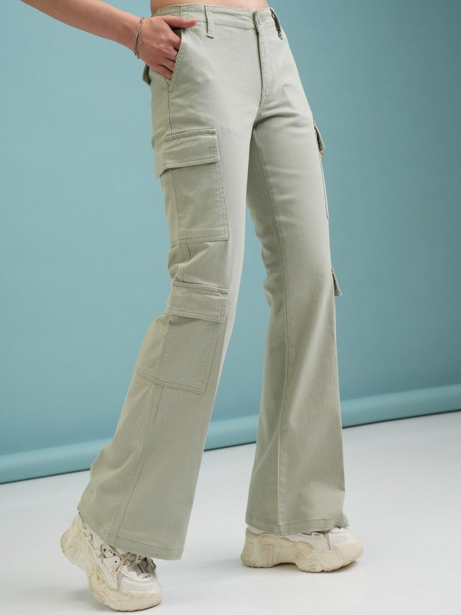 Tokyo Talkies Women Green Solid Flared Cargos - Green - Image 6