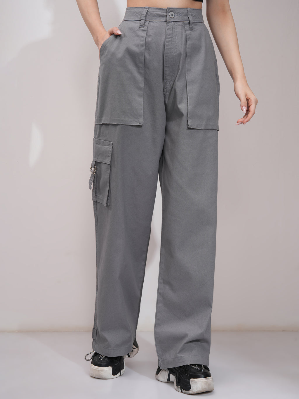 Tokyo Talkies Women Grey Solid Straight Fit Cargos - Grey - Image 1