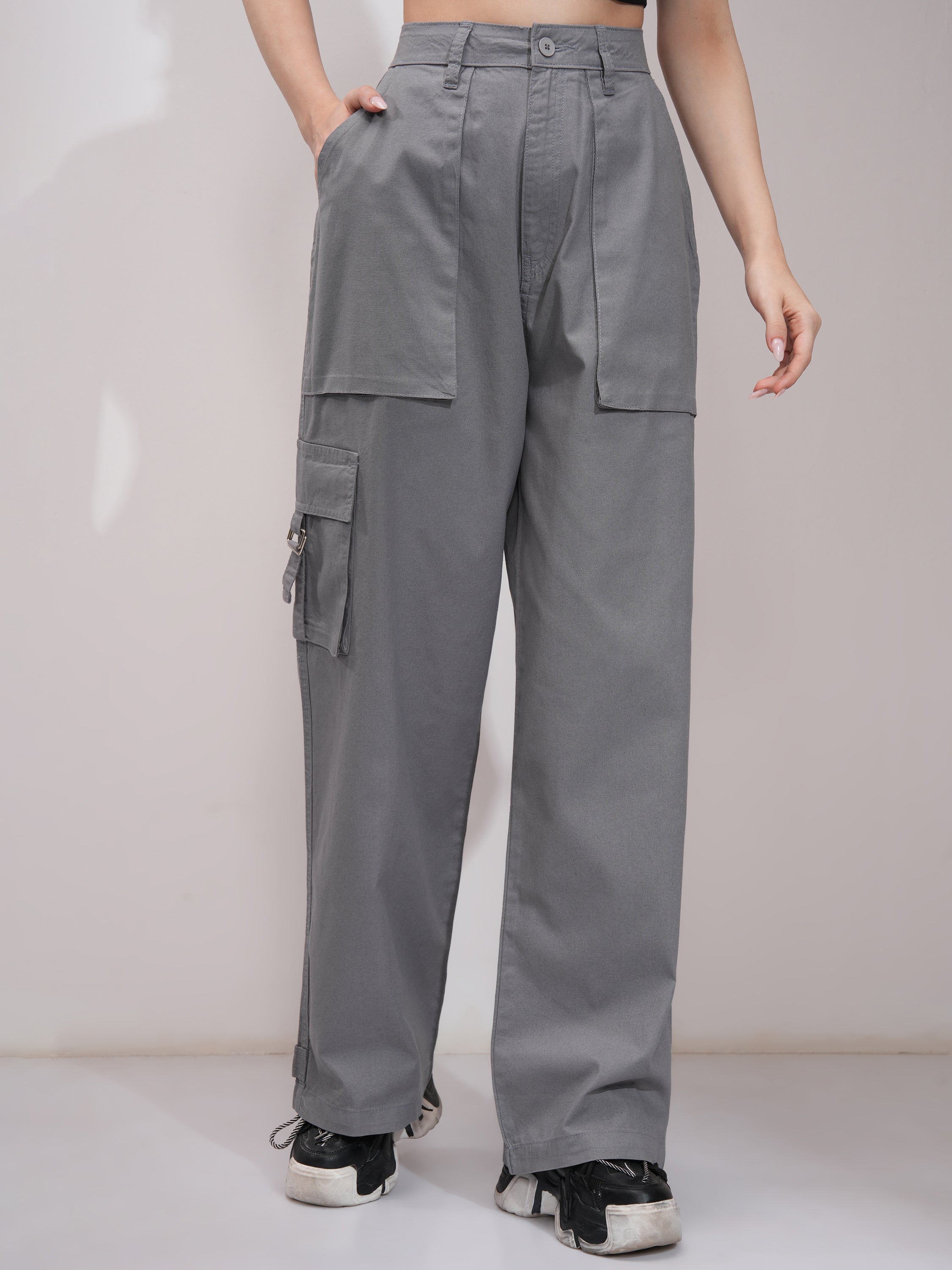 Tokyo Talkies Women Grey Solid Straight Fit Cargos - Grey - Image 1