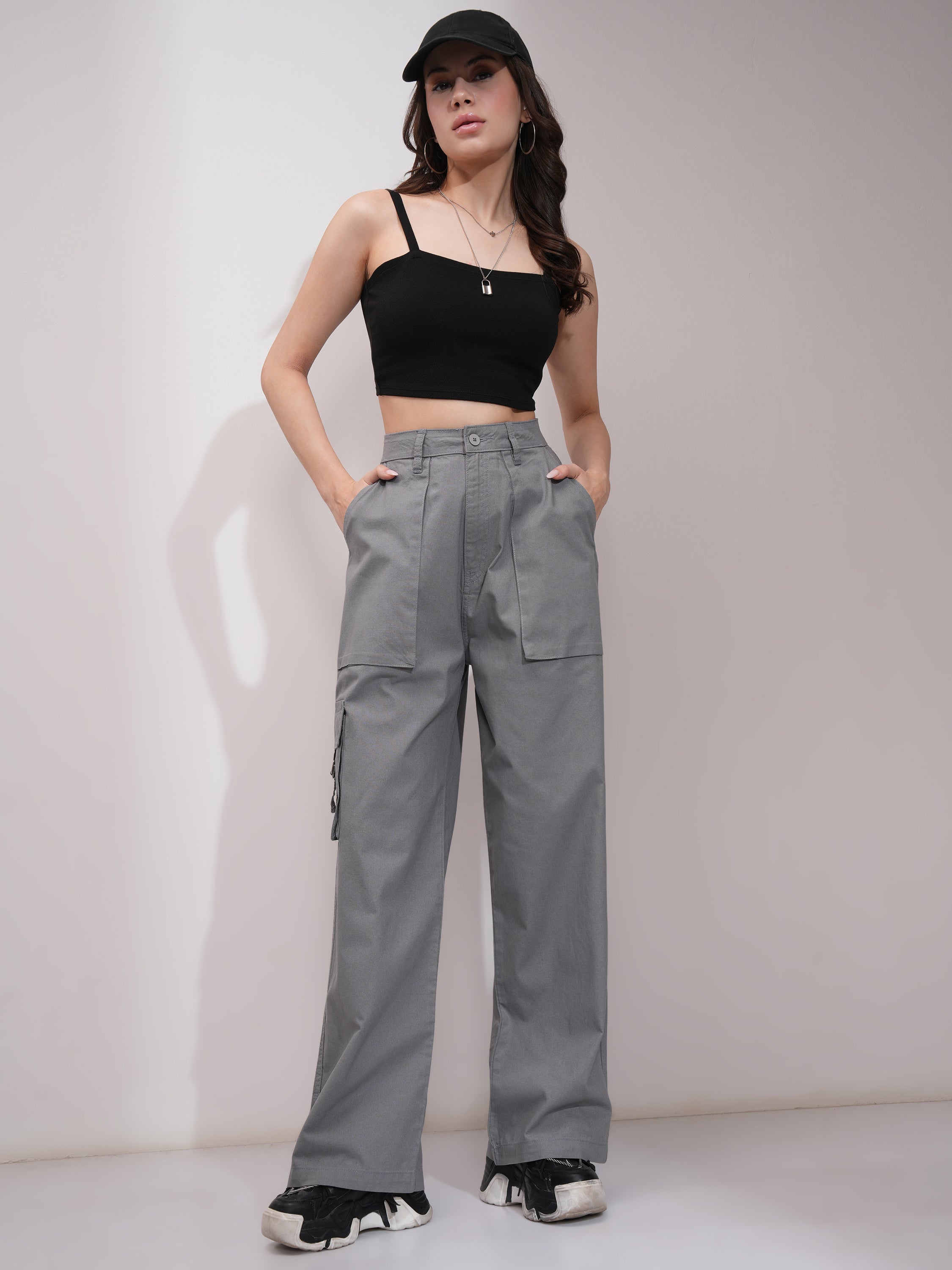 Tokyo Talkies Women Grey Solid Straight Fit Cargos - Grey - Image 2
