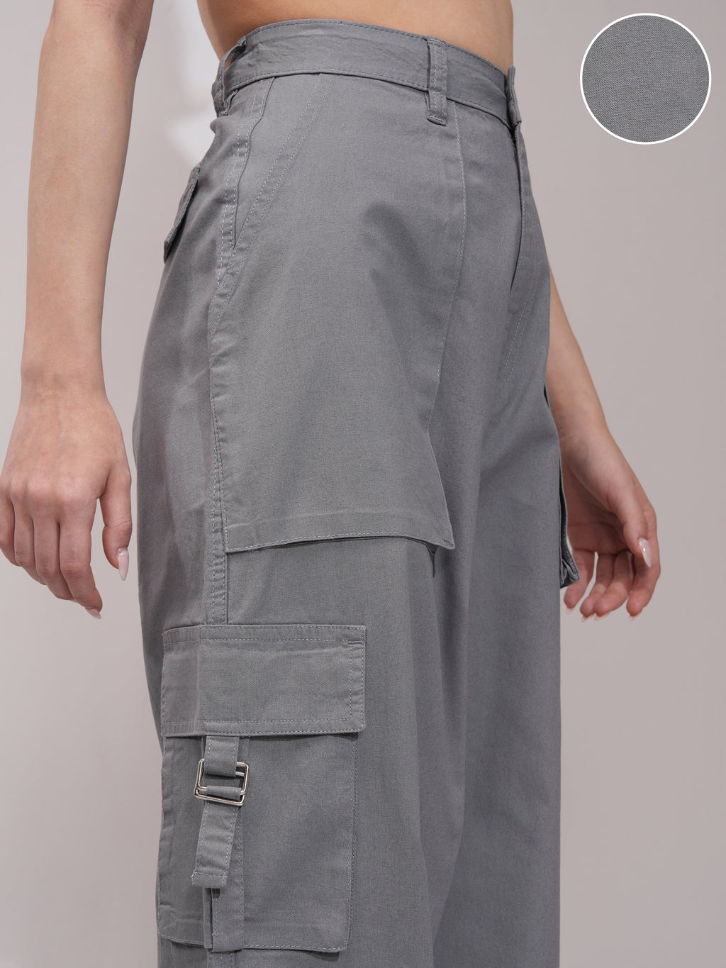 Tokyo Talkies Women Grey Solid Straight Fit Cargos - Grey - Image 5
