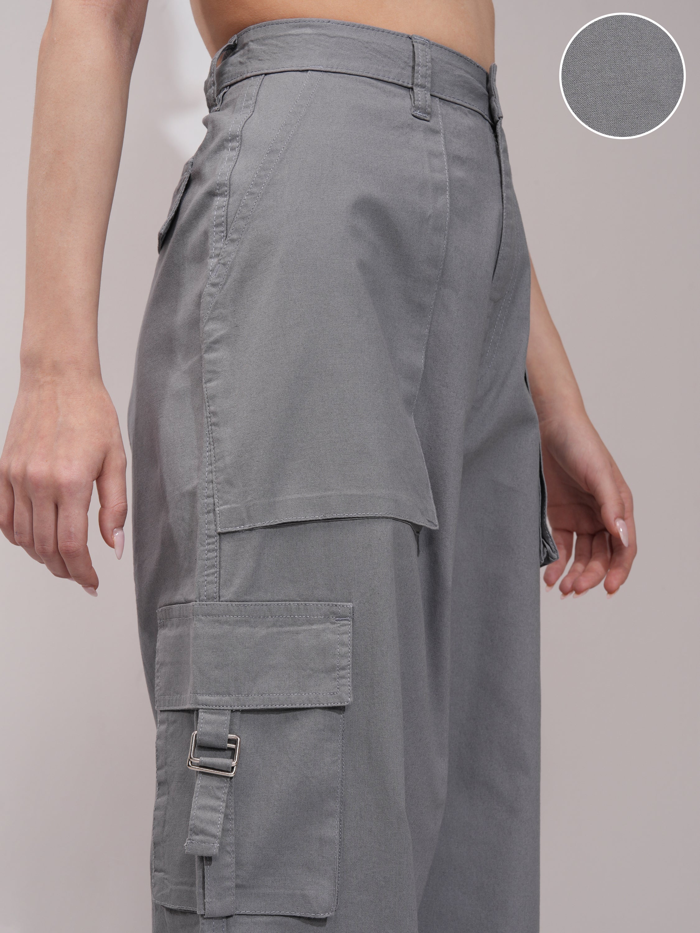 Tokyo Talkies Women Grey Solid Straight Fit Cargos - Grey - Image 5