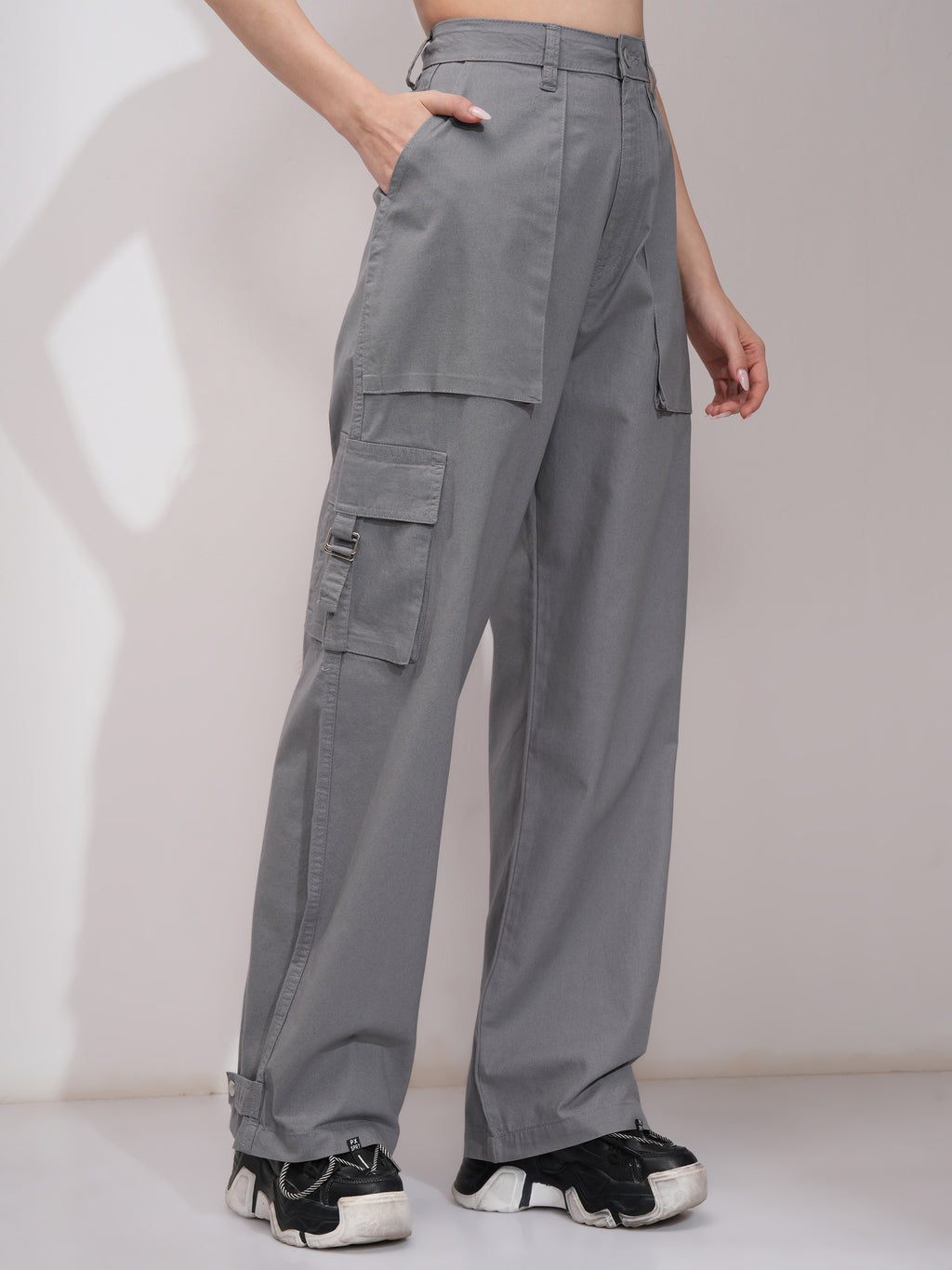 Tokyo Talkies Women Grey Solid Straight Fit Cargos - Grey - Image 6