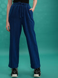 Tokyo Talkies Women Blue Solid Straight Fit Casual Trousers - Blue - Image 1