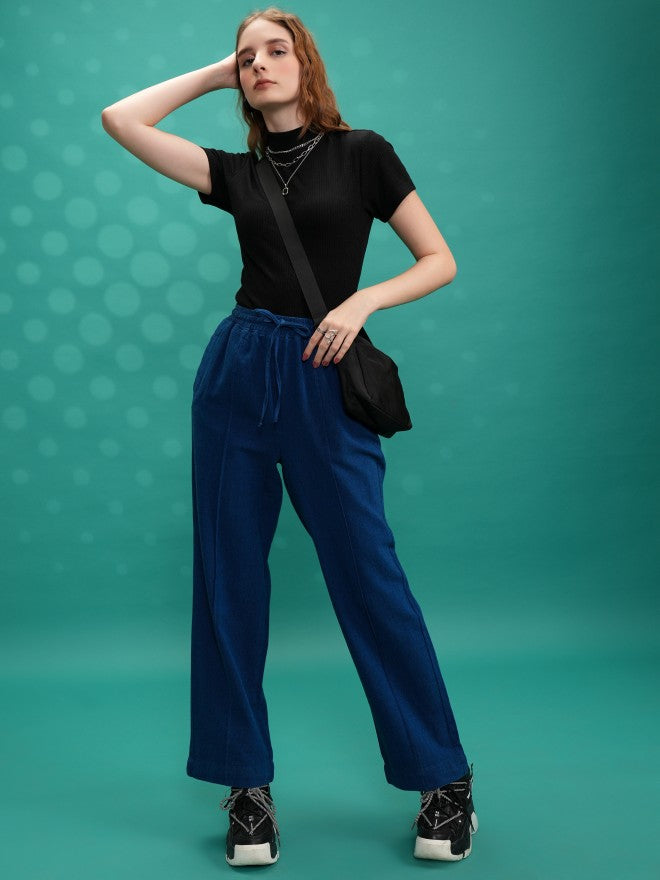 Tokyo Talkies Women Blue Solid Straight Fit Casual Trousers - Blue - Image 2